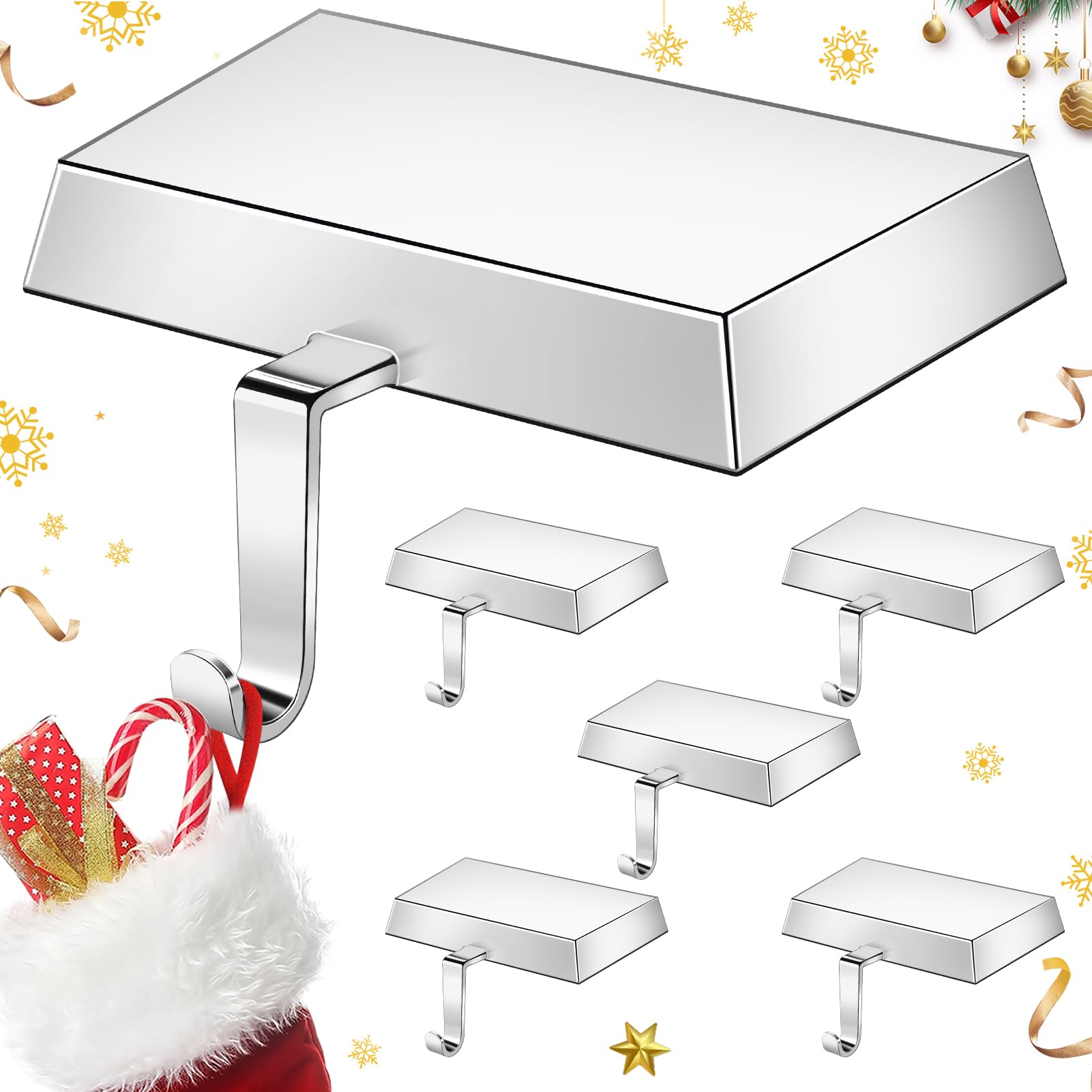 6 Pack Heavy Duty Metal Christmas Stocking Holders for Mantle, Non-Slip Fireplace Stocking Hooks Xmas Holiday Party Decorations for Counter Tables Window Fireplace Mantle Home Shelf Decor(Silver)
