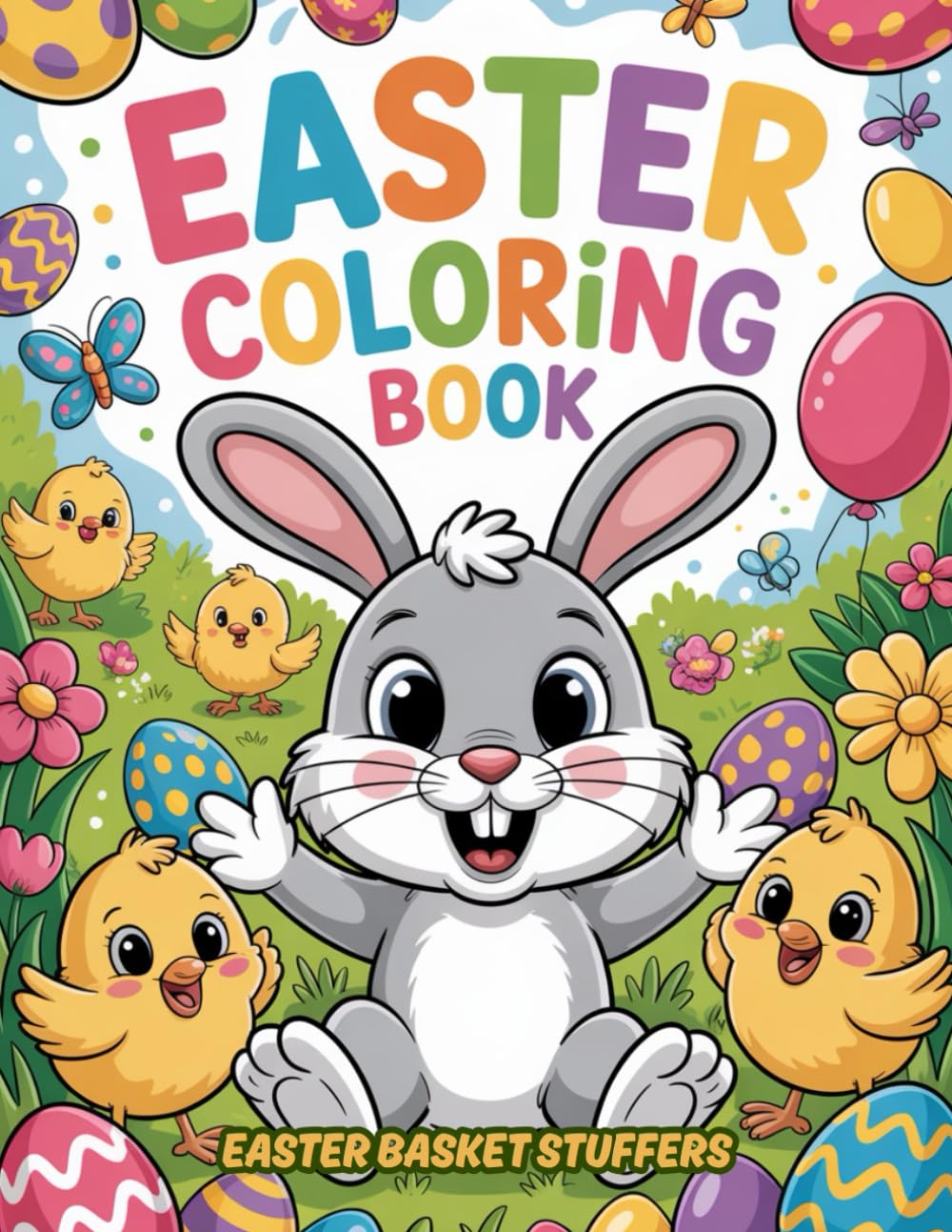 Easter Basket Stuffers: Coloring Book for Kids: 50 Fun, Bold and Easy Designs with Cute Bunnies, Eggs, Chickens & More, Gift Idea for Boys and Girls