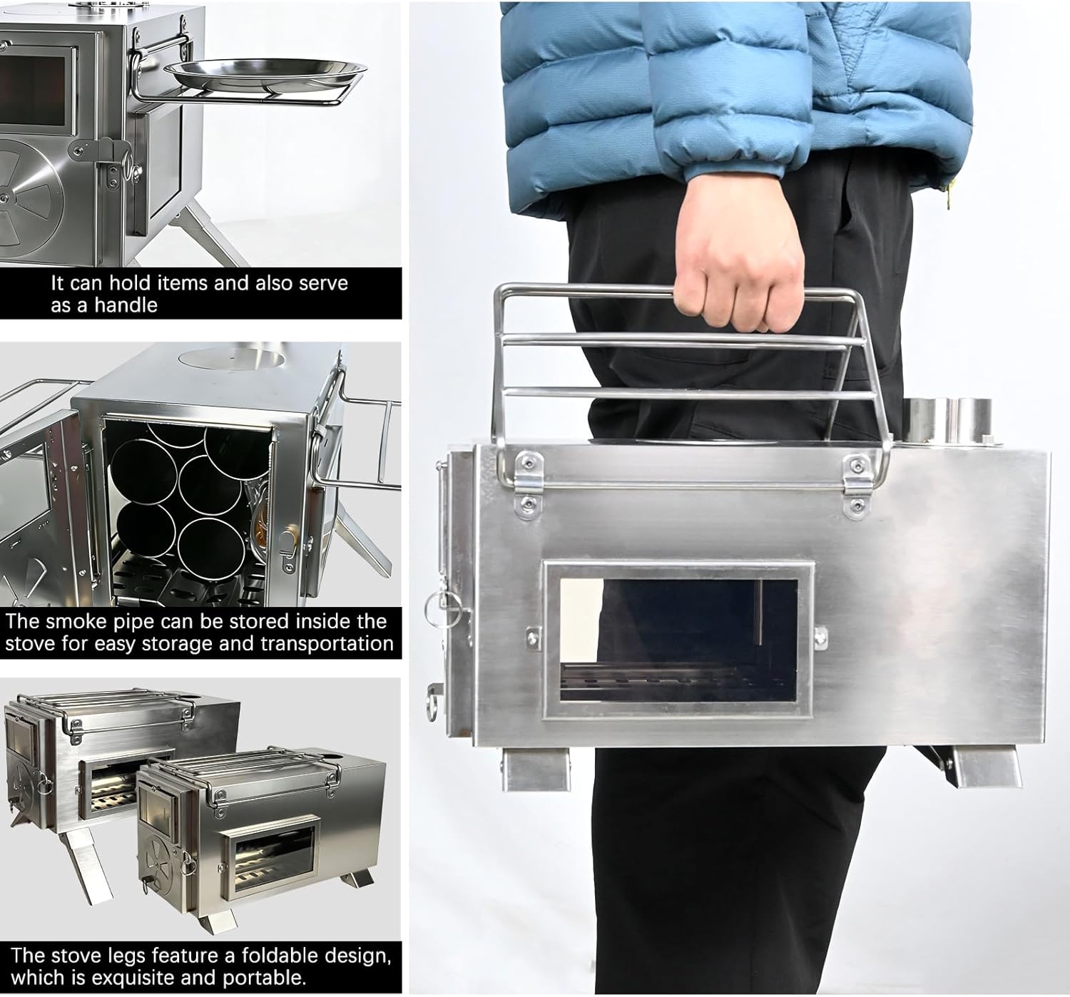 Portable Hot Tent Wood Stove, 304 Stainless Steel Camping Tent Stove for Heating & Cooking, Foldable Legs, Spark Arrestor, Glass Window, Winter Camping & Ice Fishing