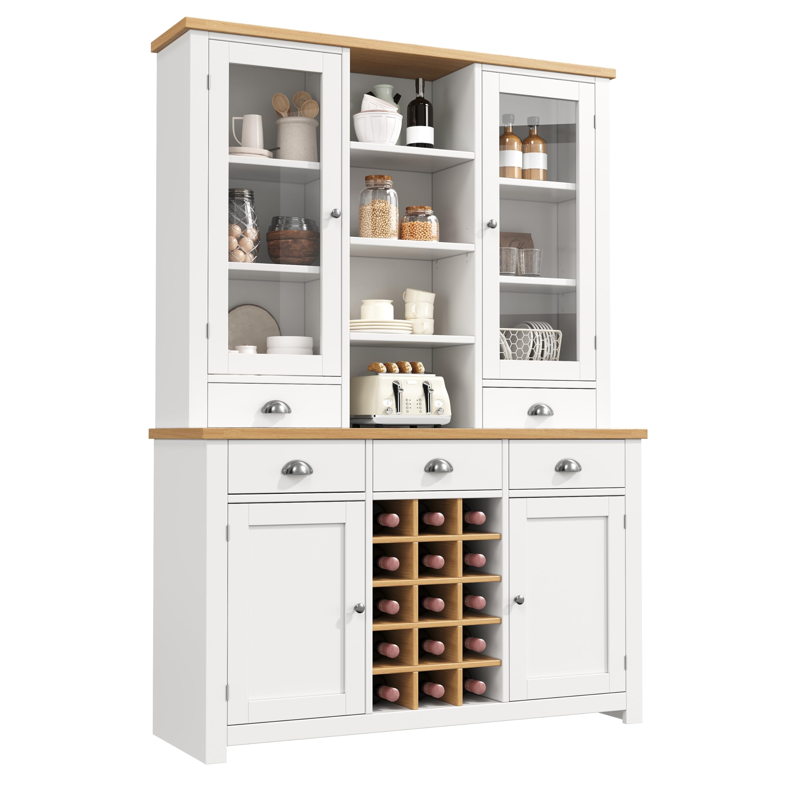 SUKY Armario alto multiusos para el hogar con protección antivuelco, armario de pie para cocina y salón con puerta de cristal, asas de metal y función de cierre suave, estante para vino extraíble, 120