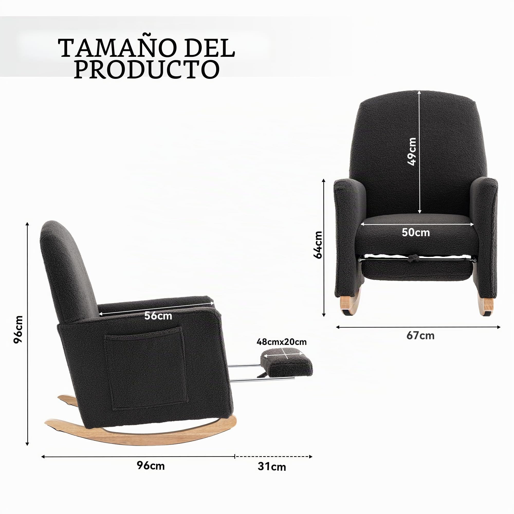 Soweiz Mecedora con taburete, sillón relax con otomana, mecedora para el salón, tela de peluche, 67x126x98 cm