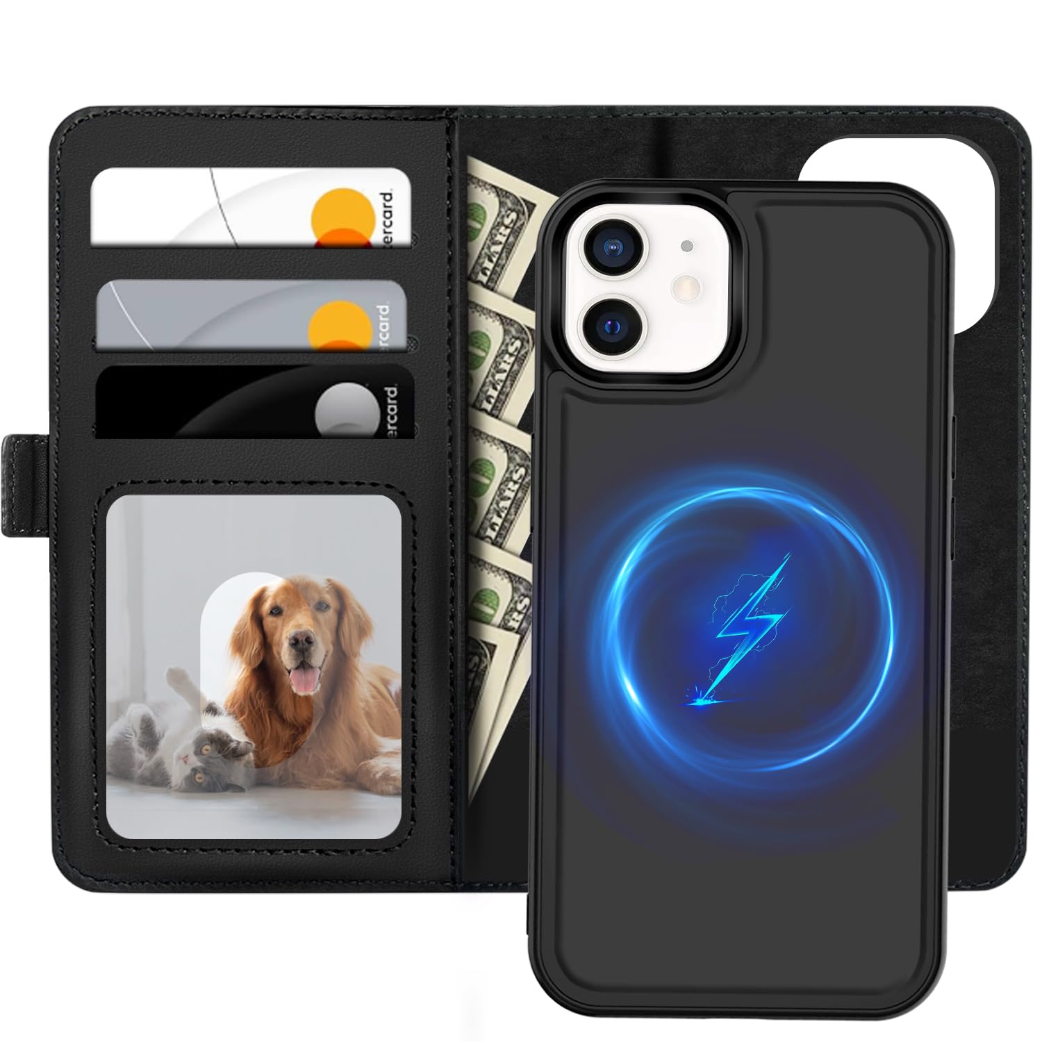 XTCASE Magnétique Coque pour iPhone 12/12 Pro Compatible avec MagSafe, 2 in 1 Housse en Cuir PU Premium Amovible Protection Etui à Rabat Fentes Carte Pochette de Portefeuille Antichoc, Noir