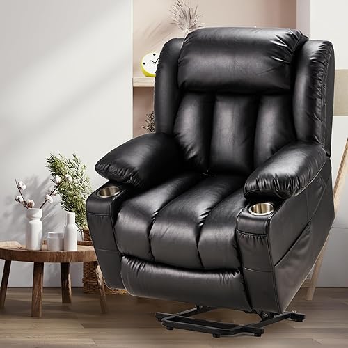 Miniatura 8 de Silla reclinable grande de piel auténtica para personas mayores con función de masaje y calefacción, silla Lazy Boy con portavasos, puertos USB,