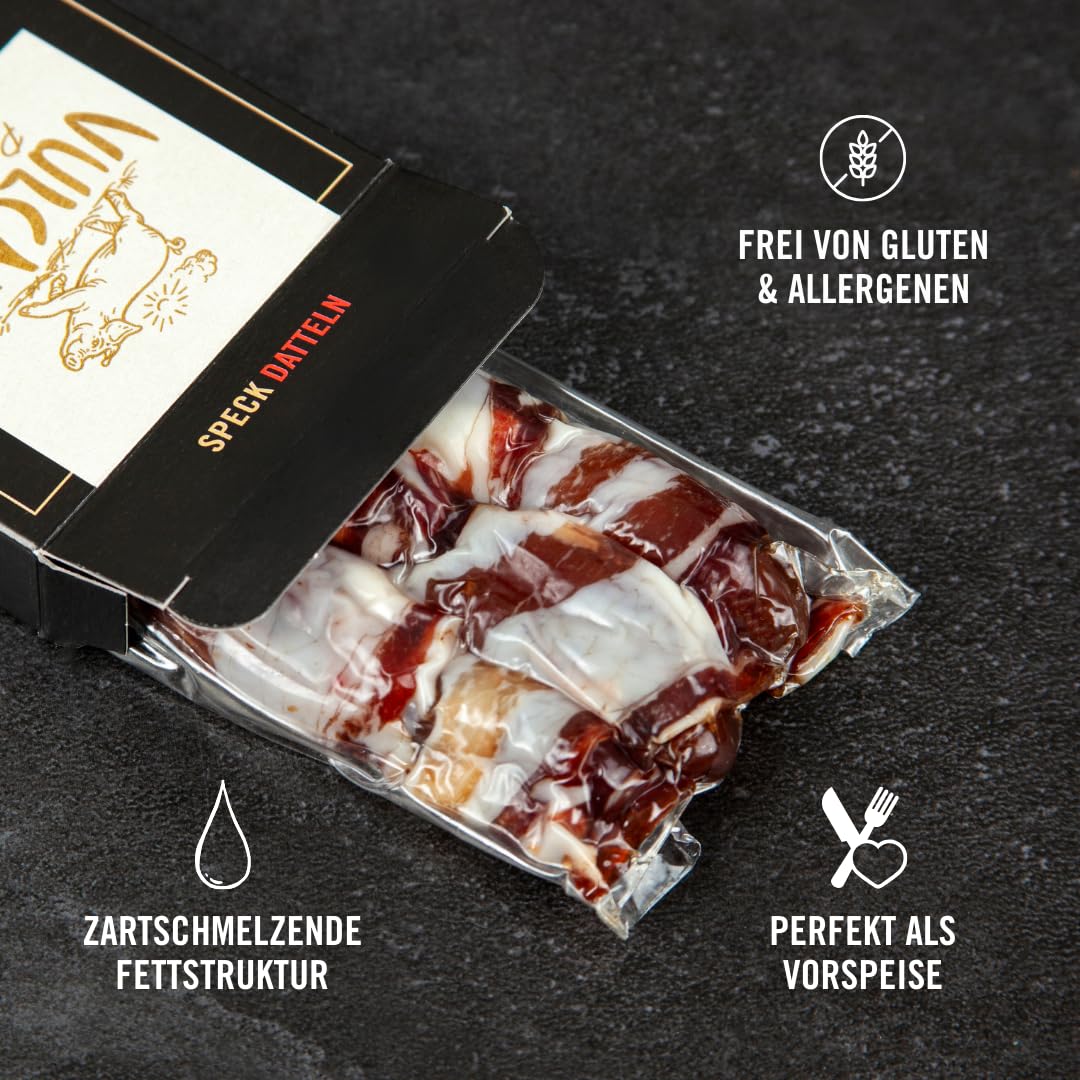 Speckfrüchte mit natürlich Zutaten aus Österreich, Datteln umwickelt mit Räucherspeck, Österreichisches Qualitätsprodukt, Antipasti, Tapas (Speckdatteln)