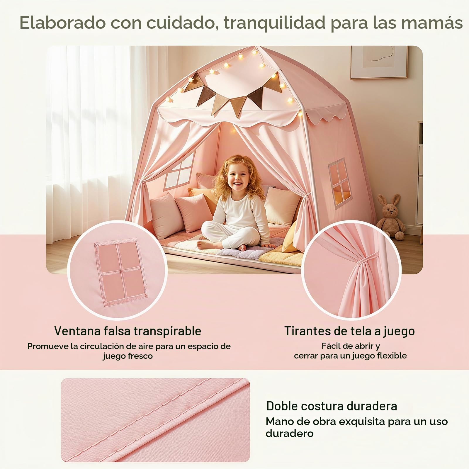 Tienda de campaña infantil para interiores, tienda de juegos con banderas y luces, tienda de campaña portátil y plegable, tienda de cama para niños, casa de juegos para interior y exterior (rosa)