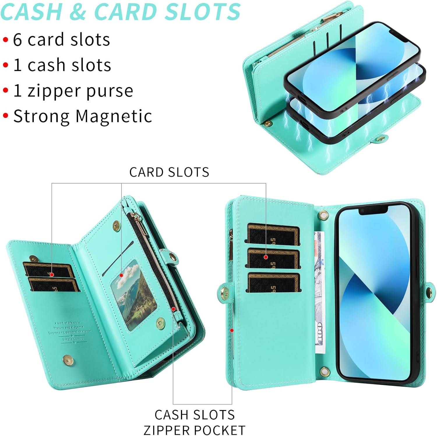 Asuwish Phone Case for iPhone 13 Mini 5.4 inch Zipper Wallet Cell Cover with Screen Protector Crossbody Strap Glitter Flip Card Holder Slot iPhone13mini i-Phone 13minicase i iPhone13 13mini Women Teal