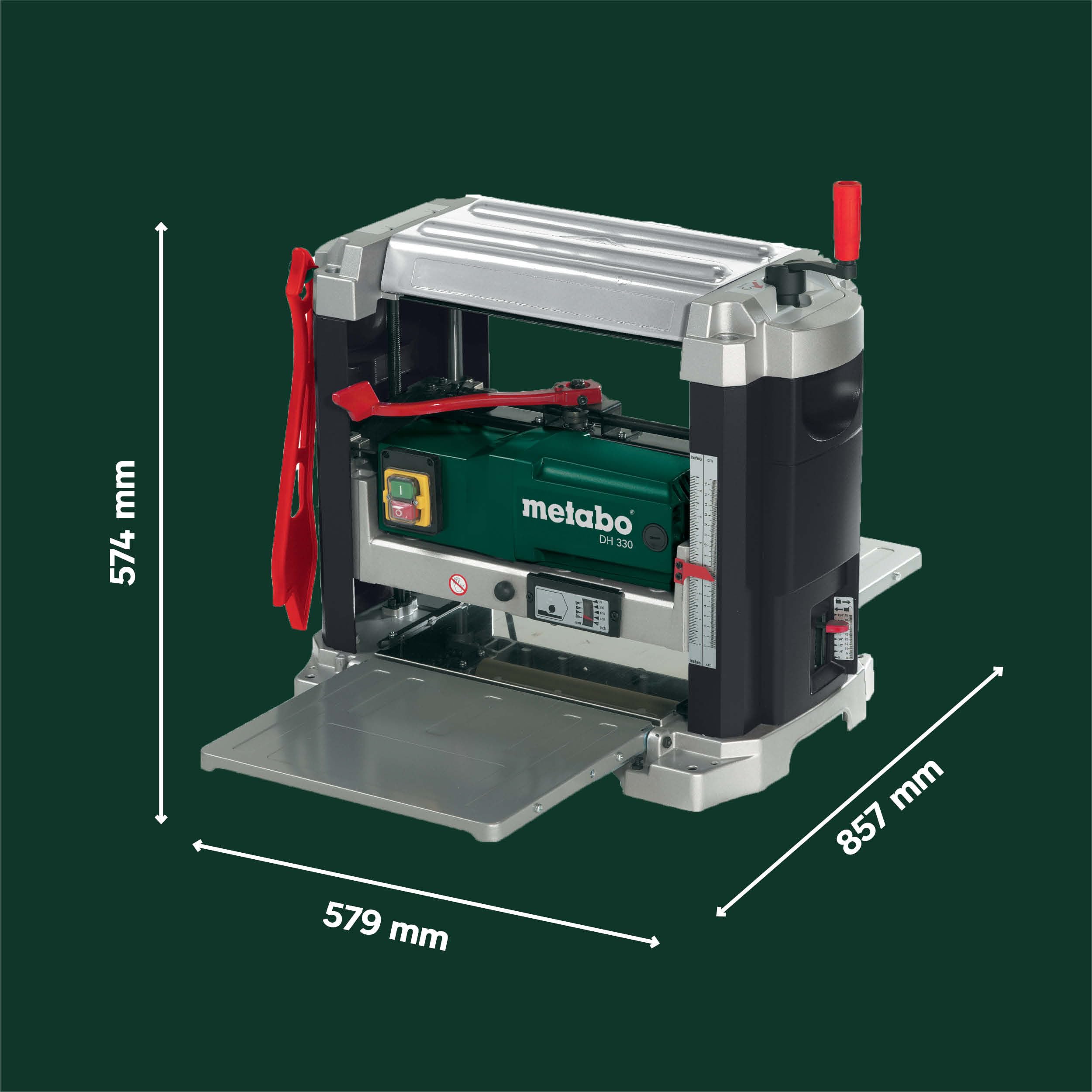 metabo Dickenhobel DH 330, Mobile Hobelmaschine mit 1800 W und HSS-Messer | Dickenhobelmaschine mit 330 mm Durchlassbreite, 152 mm Durchlasshöhe, Absaugstutzen, Schiebestock und 2 HSS-Messern