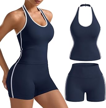 TDIFFUN Women Workout Sets 2 Piece Halter Crop Tank Top Scrunch Butt Shorts