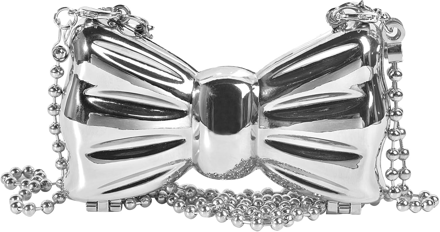 QZUnique Mini Bowknot Evening Bag, Metal Purse Crossbody Handbag for Girls Kids, Women Shoulder Bag for Wedding Prom Party