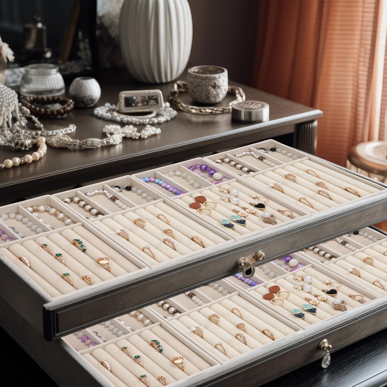 Highergo 8 Pcs Velvet Jewelry Trays Stackable Drawers Organizer Ring Earring Bracelet Necklace Storage Trays, 8.3x4.7x1''(3 Grids,7 Slots)