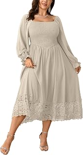 Women's Plus Size Maxi Dress Long Sleeve Square Neck Smocked Flowy A-Line Lace Trim Wedding Guest Dresses