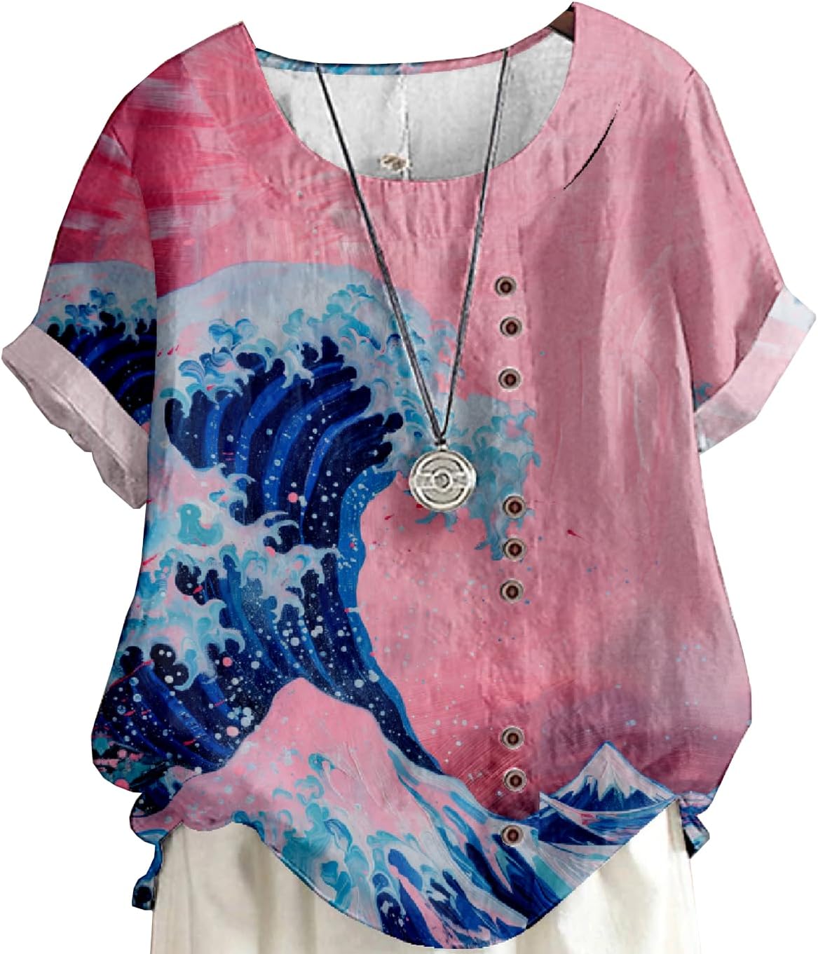 BIVENANT Women's Linen Tops Short Sleeve Boho Summer Floral Graphic Tees Japanese Tunic T Shirts Casual Button Blouses