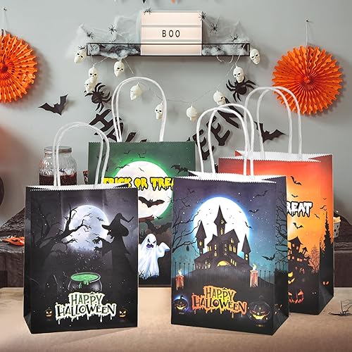 Miniatura 6 de OGLARING - 24 bolsas de papel de regalo de Halloween, pequeñas bolsas de dulces de Halloween con asa, bolsas a granel para dulces o trucos para