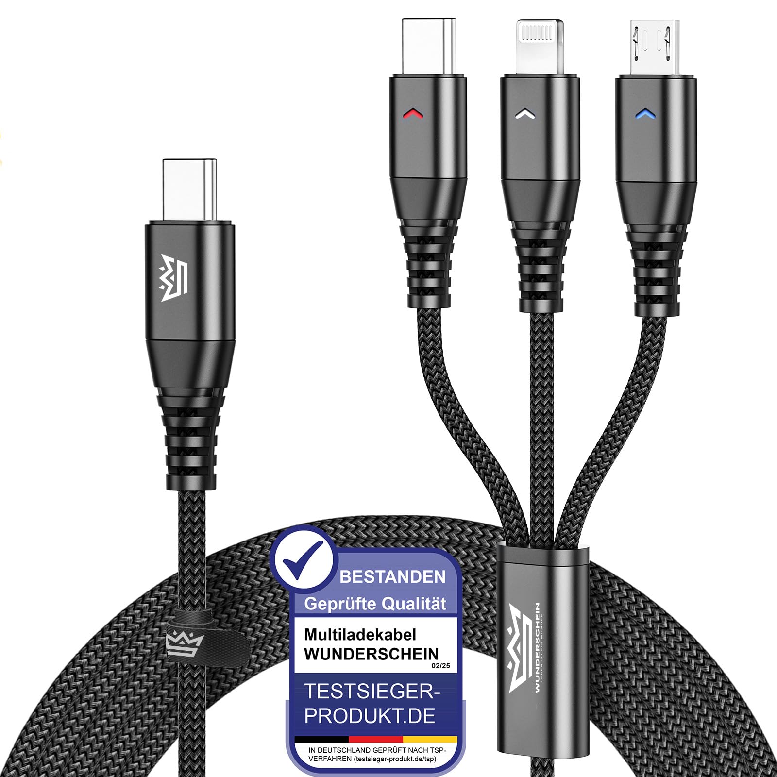 Wunderschein 3-in-1 USB-C Multiladekabel 120 cm – USB-C auf USB-C, Lightning & Micro-USB – Universal Ladekabel mit Multi-Anschlüssen - Schnellladen für Handy, Tablet – Daten nur USB-C Auf USB-C