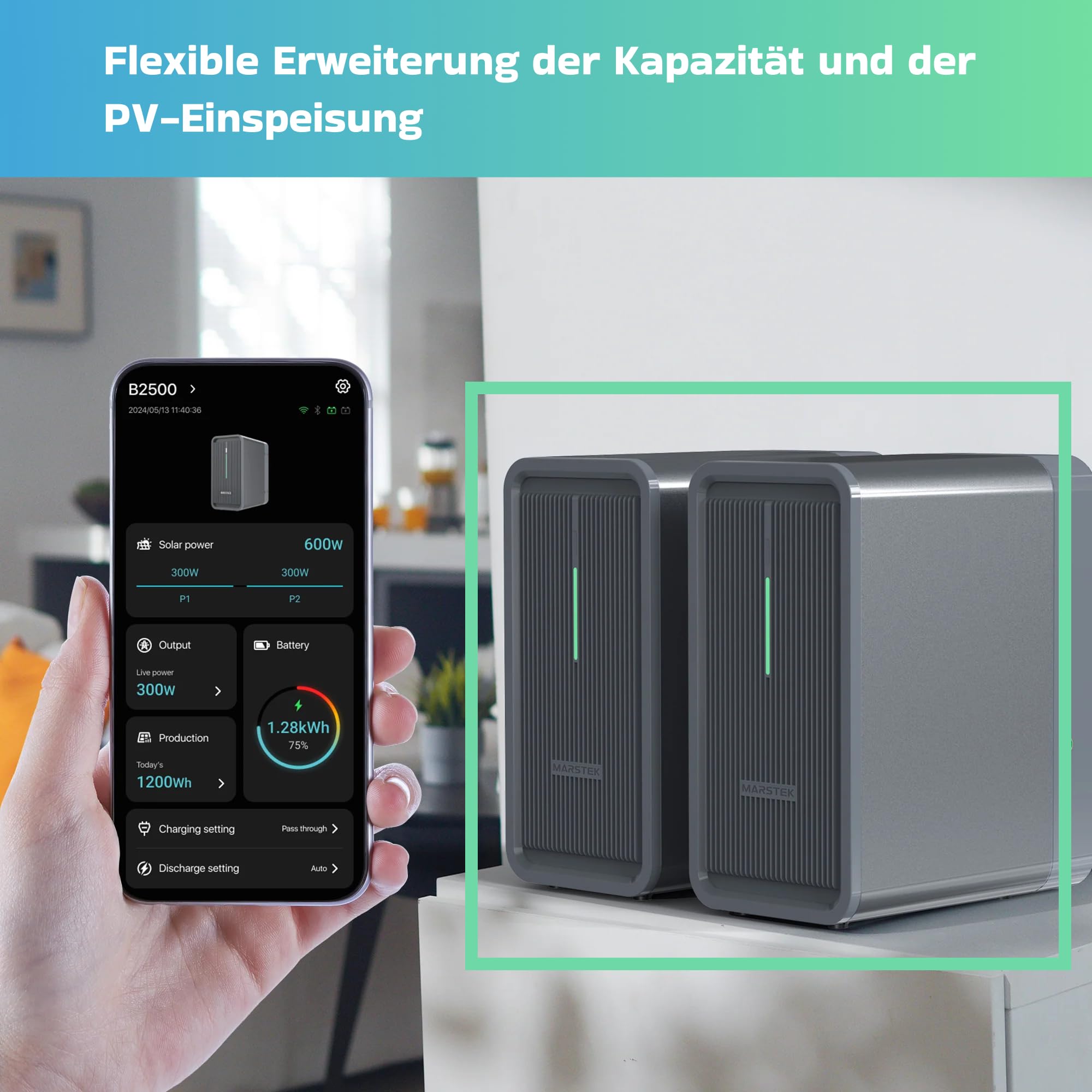 SUNNIVA® 2000W Balkonkraftwerk mit 4.48 kWh Speicher MARSTEK 2x B2500-D, BIFAZIAL FULLBLACK komplett Steckdose, PV Solaranlage Komplettset mit Solarspeicher, 4x 500W N-Type Glas Bifacial Module