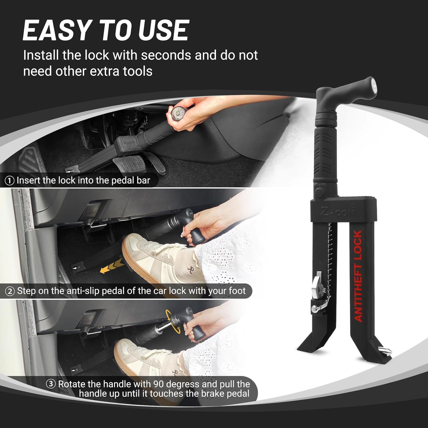 Brake Pedal Lock, Car Anti Theft Car Device Brake Clutch Lock, Heavy-Duty Stainless Car Locks Security Protection, Anti-Theft Prevention Device with Steering Wheel Sunshade for Cars/SUV/Van