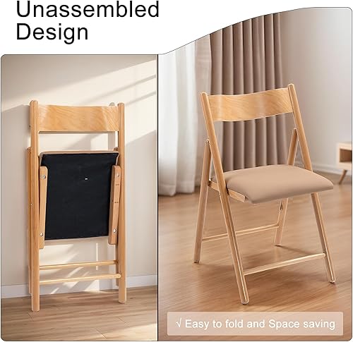 Miniatura 4 de Juego de 4 sillas plegables, sillas de comedor plegables de madera con cojín de piel sintética, paquete de 4 sillas portátiles y apilables para