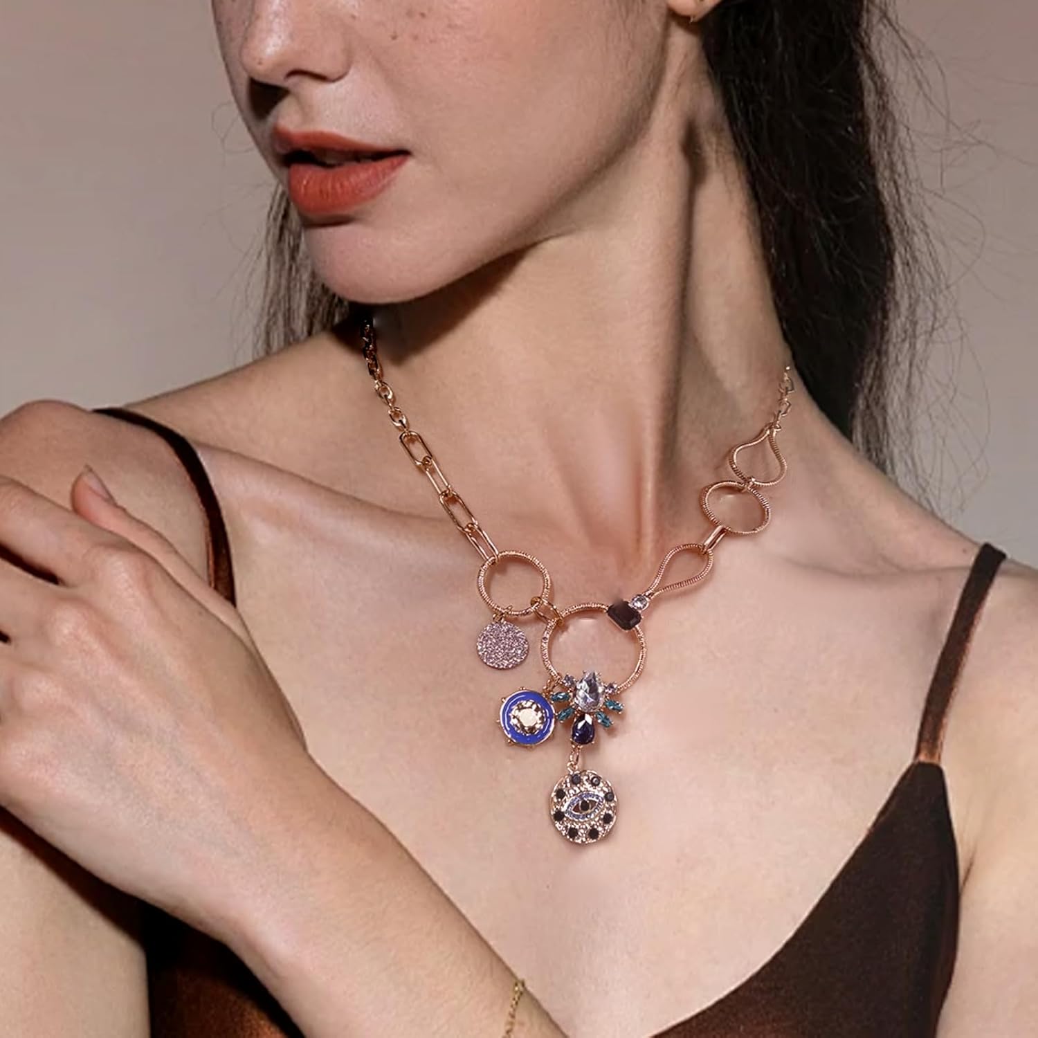 Evil Eye Luck Amulet Coin Charm Chunky Necklace Dainty Paperclip Chain Gold Plated Protection Necklace Free People Jewelry for Women Celestial Jewelry Gift - Image 4