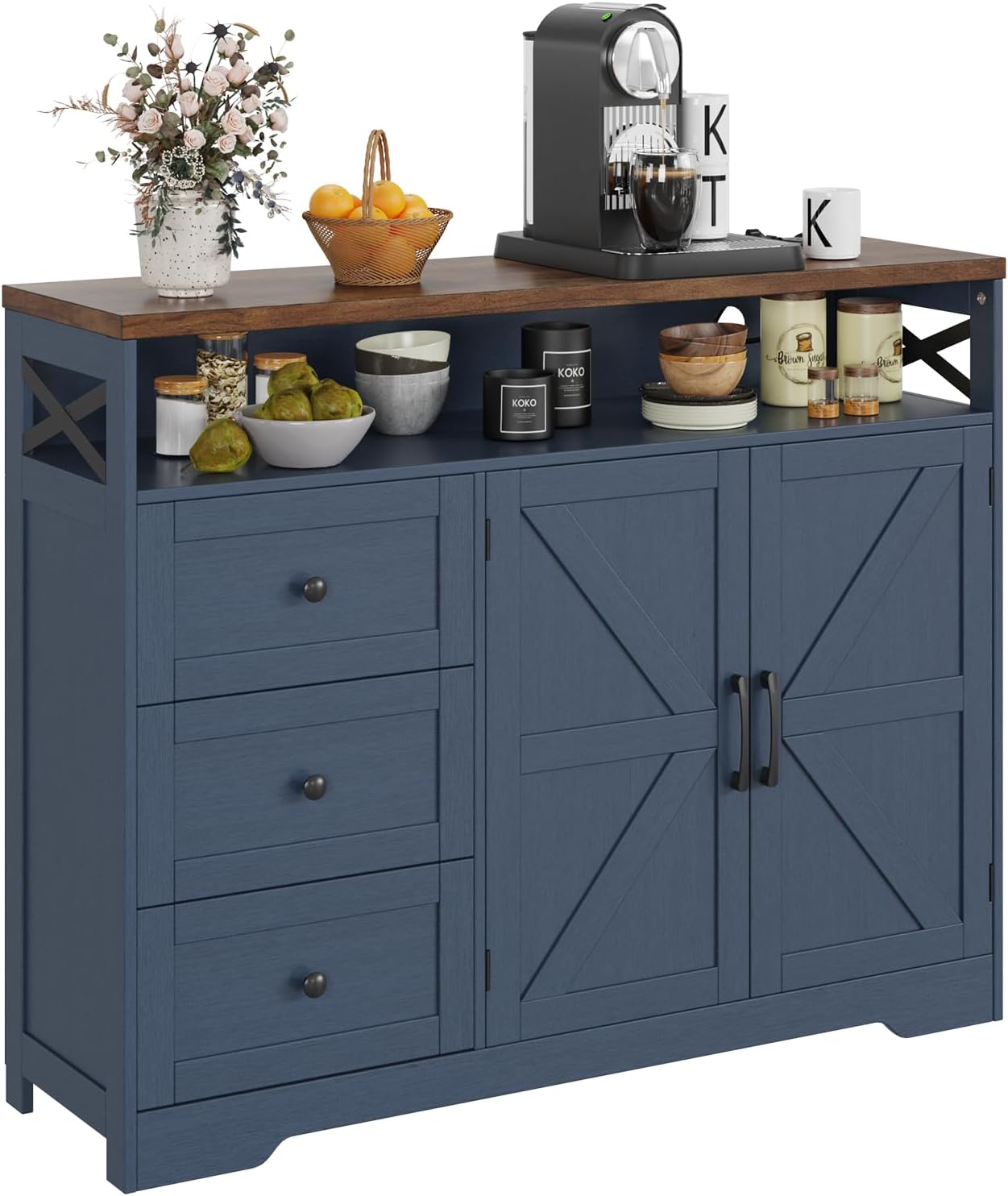 Farmhouse Buffet Cabinet with Drawers & Open Shelf, Sideboard with Storage, Kitchen Pantry Cabinet Hutch, Coffee Bar Station for Kitchen, Livingroom, 47" L Blue