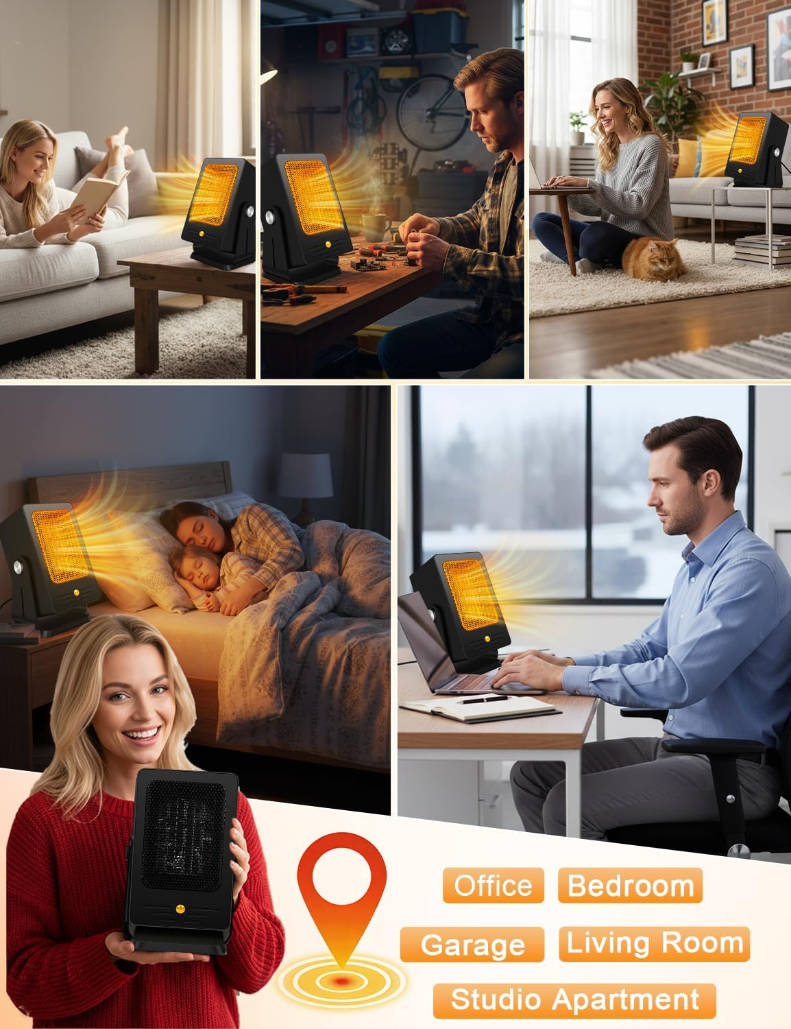 Space Heater for Indoor Use,Desktop Small PTC Heater with 2s Fast Heating,Tip-Over&Overheat Protection,60°Adjustable Angle Portable Personal Electric Heater for Office,Bedroom,Garage,Dorm