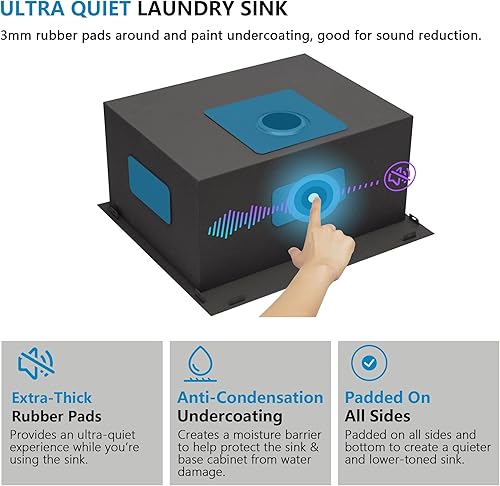 Miniatura 7 de Fregadero de lavandería de 25 x 22 pulgadas, montaje superior, acero inoxidable T304, calibre 16, 12 pulgadas de profundidad, fregadero individual