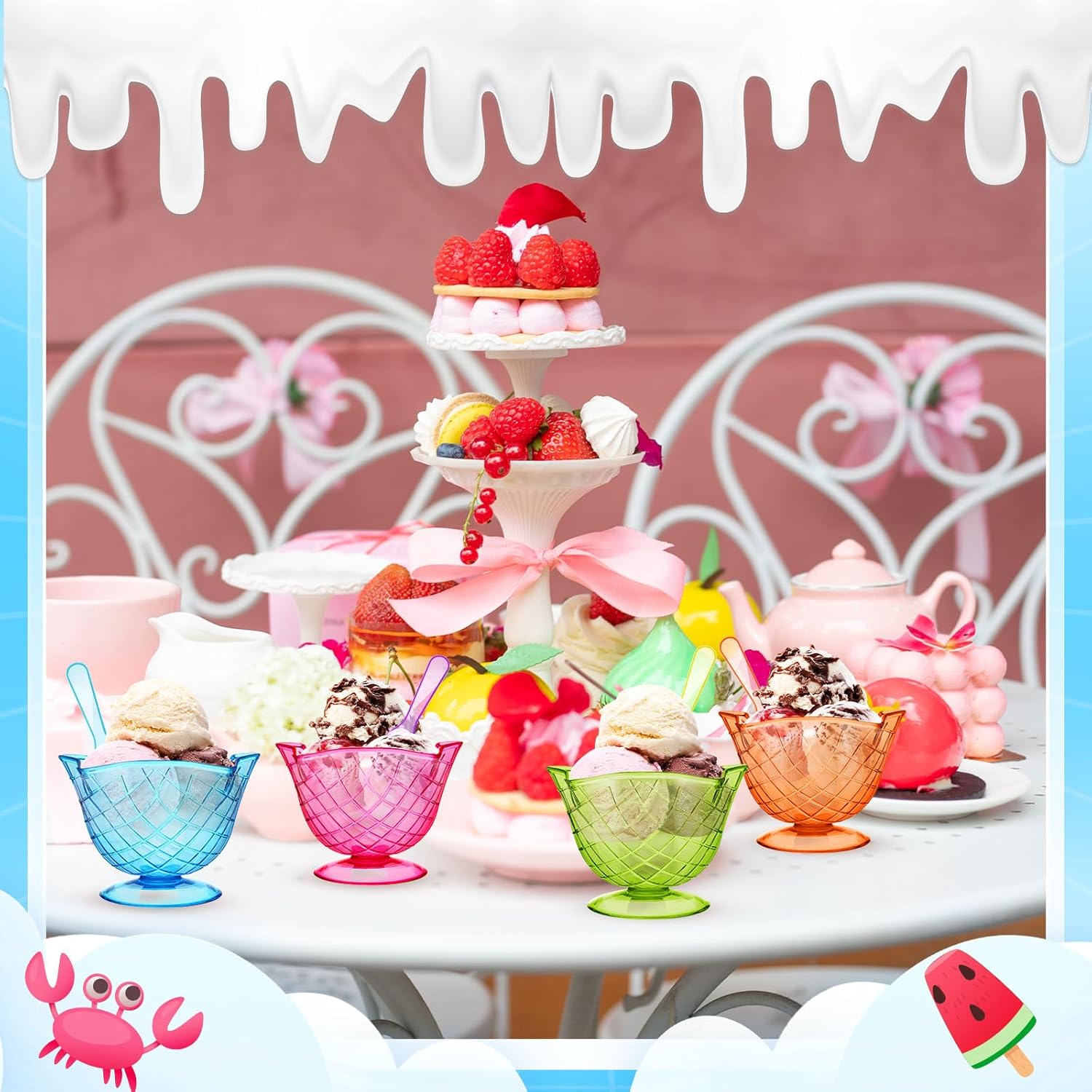 Zhehao 74 Pcs 12 oz Plastic Ice Cream Bowls with Spoons Set,Reusable Waffle Cone Pattern Ice Cream Sundae Bowls Dessert Cups Disposable in 4 Assorted Summer Colors for Sundae Candy Fruit Yogurt