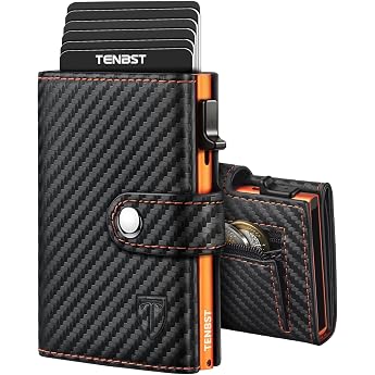 TENBST Mens Wallet with Coin Compartment & RFID Protection Slim Wallet Card Case for 10 Credit Cards Small Credit Card Holder - S Orange-Black