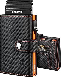 Geldbörse Herren mit Münzfach & RFID Schutz, Slim Wallet Kartenetui für 10 Kreditkarten, Portmonee Geldbeutel Herren, Kreditkartenetui Klein - S(Orange- schwarz)