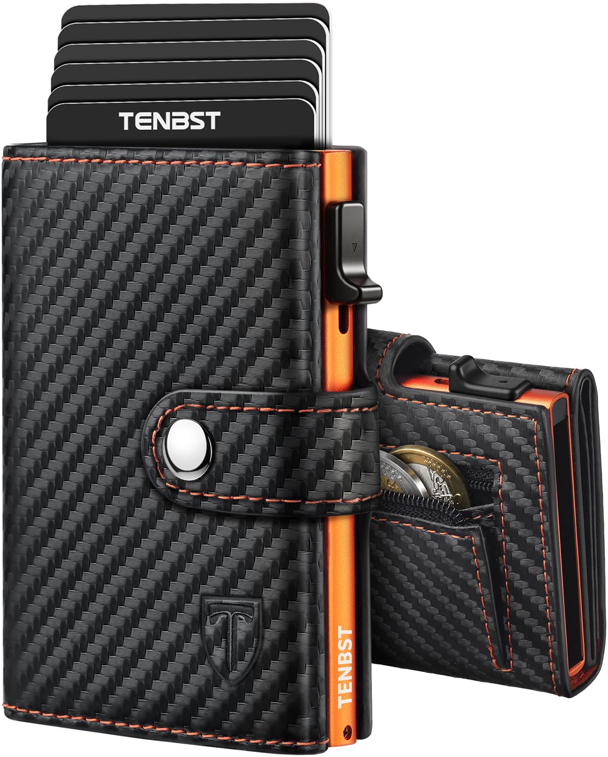 TENBST Geldbörse Herren mit Münzfach & RFID Schutz, Slim Wallet Kartenetui für 10 Kreditkarten, Portmonee Geldbeutel Herren, Kreditkartenetui Klein - Geschenke zum Vatertag (Orange- schwarz)
