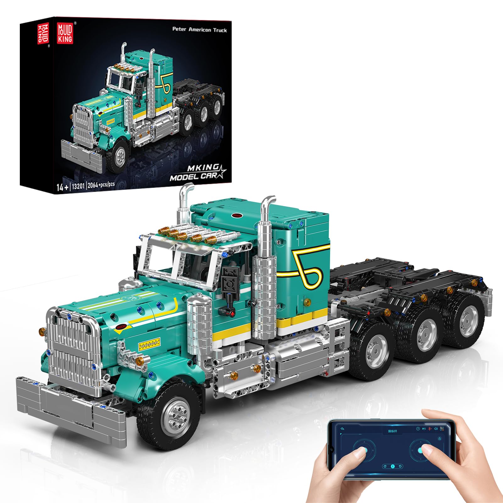 Mould King 13201 Technology Classic Truck Building Blocks Kit with Motor, 2064+ Pieces App Remote Controlled Tractor Truck Model Clamping Blocks, Blocks Toys for Teenagers 14+/Adults