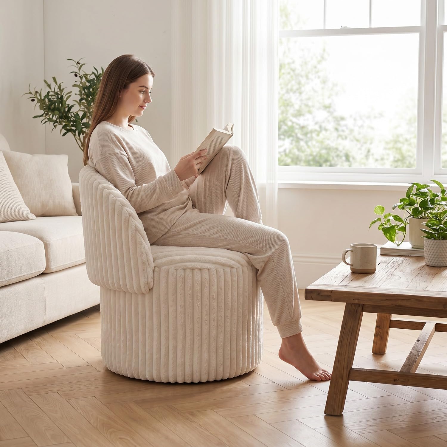 BLOOM BLENDS Teddy Boucle Tub Chair With Hidden Storage, Round Vanity Seat With Curved Back and Lift-Off Lid, Wooden Frame, 150kg, 46 x 62 cm (Harp Cream (XL)) โ image 1