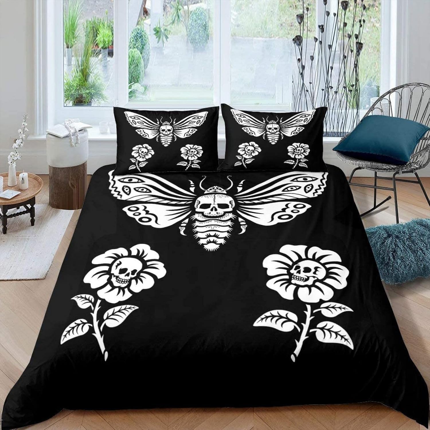 Housse de couette 240x220 cm avec 2 taies d'oreiller motif plante à fleurs