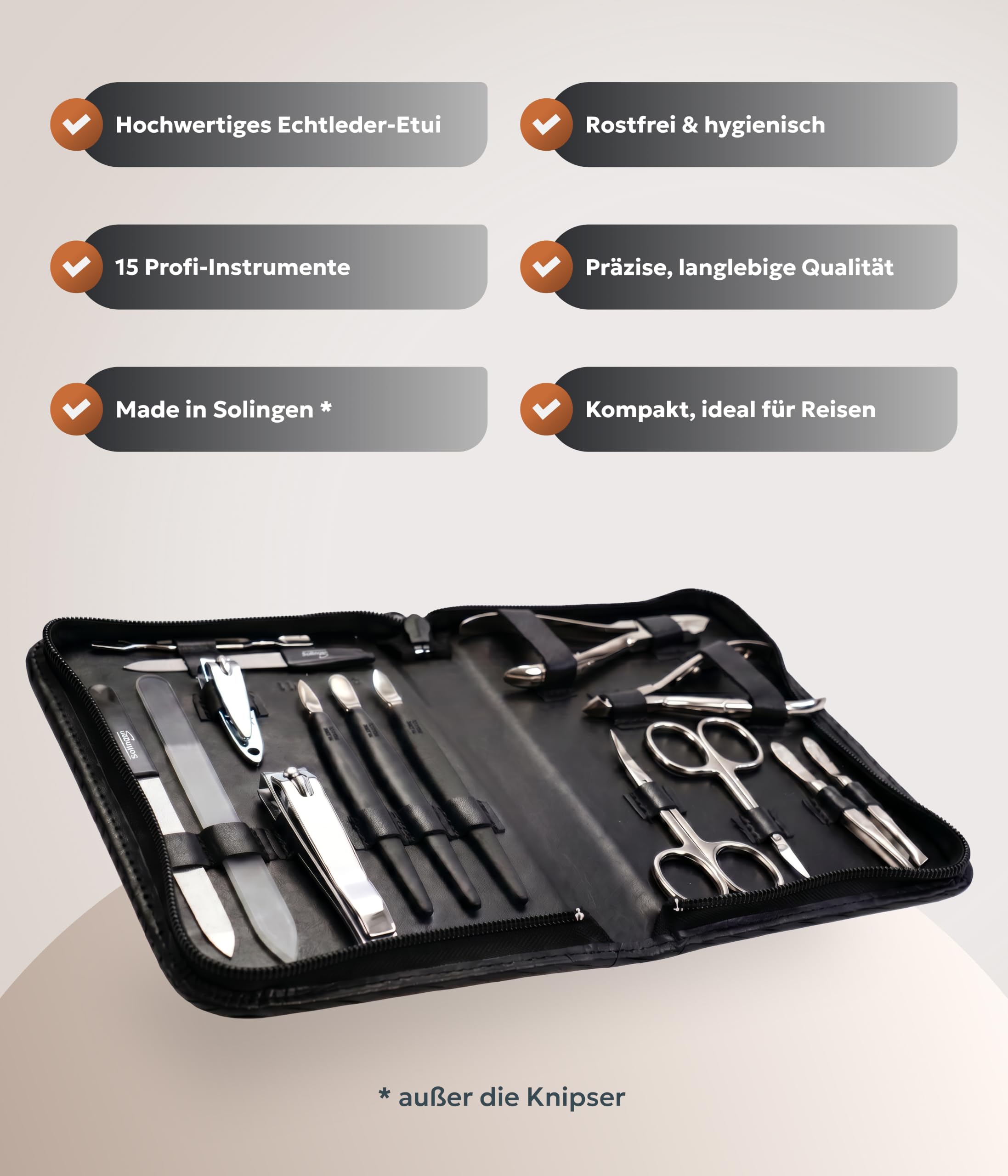BERKWERG® Solingen Manicüreetui Leder Schwarz 15-teilig - Präzisions-Nagelpflege-Set inkl. Nagelschere & Hautschere Solingen – für perfekte Maniküre & Pediküre – Made in Germany