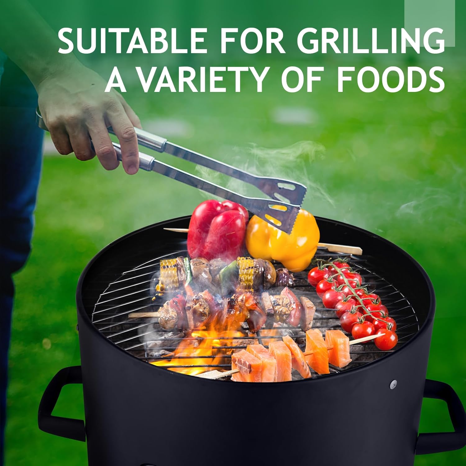 Food being grilled on the LEADZM charcoal grill, including vegetables and meat skewers.