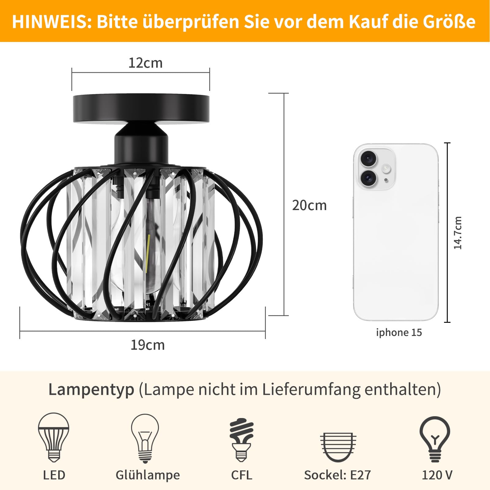 FRIDEKO HOME 2 Stück Deckenleuchte E27 Ø19cm Schwarz Kristall Deckenlampe