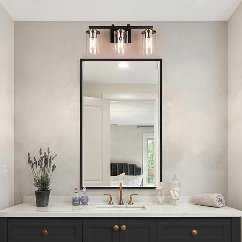 Miniatura 4 de ZEVNI Lámparas de baño, luces de tocador negras y doradas, moderna iluminación de baño de 3 luces con pantallas de vidrio cilíndricas, 20 pulgadas