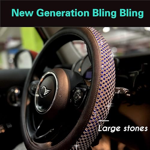 Miniatura 2 de PINCTROT - Funda de cuero para volante de automóvil con diamantes de imitación de cristal gigante, cómoda y antideslizante, universal, de 15