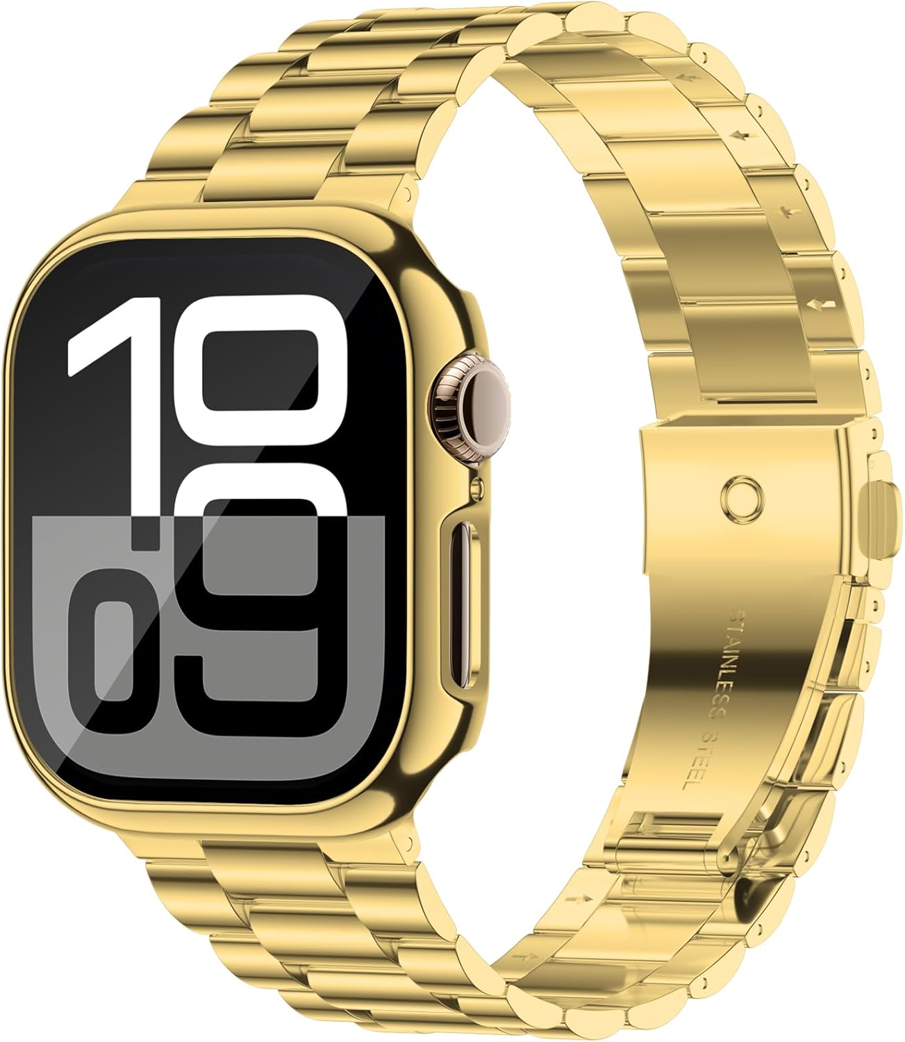 iiteeology compatible with apple watch band 42mm series 11 series 10, upgraded stainless steel band with iwatch screen protector case for men women gold/gold gold/gold 42mm series 11/10