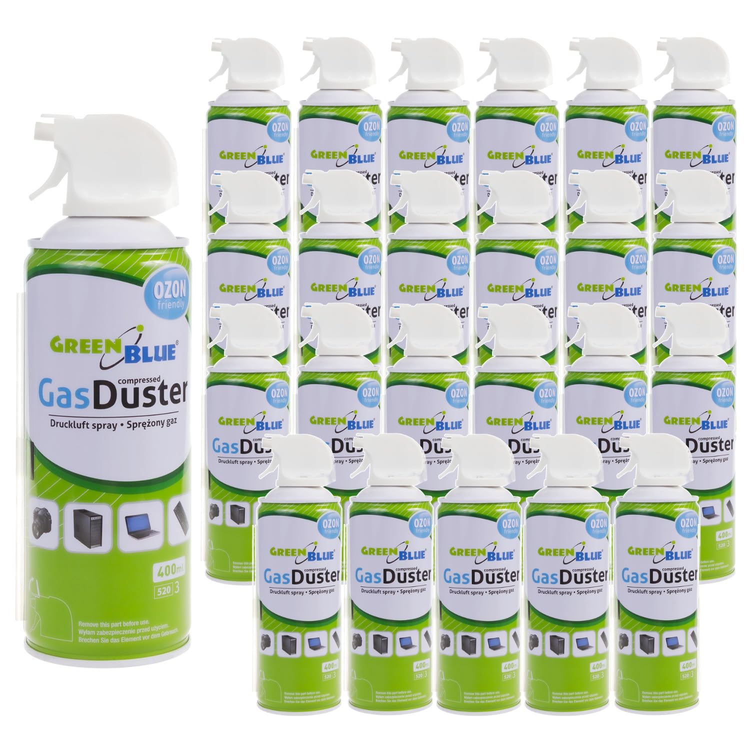 Green Blue Druckluftspray Set 24 x 400ml | Air Duster mit Pistolen-Zerstäuber & Sprühröhrchen | FCKW-frei zur kontaktlosen Reinigung von Elektronik Tastaturen Kameras u.v.m.