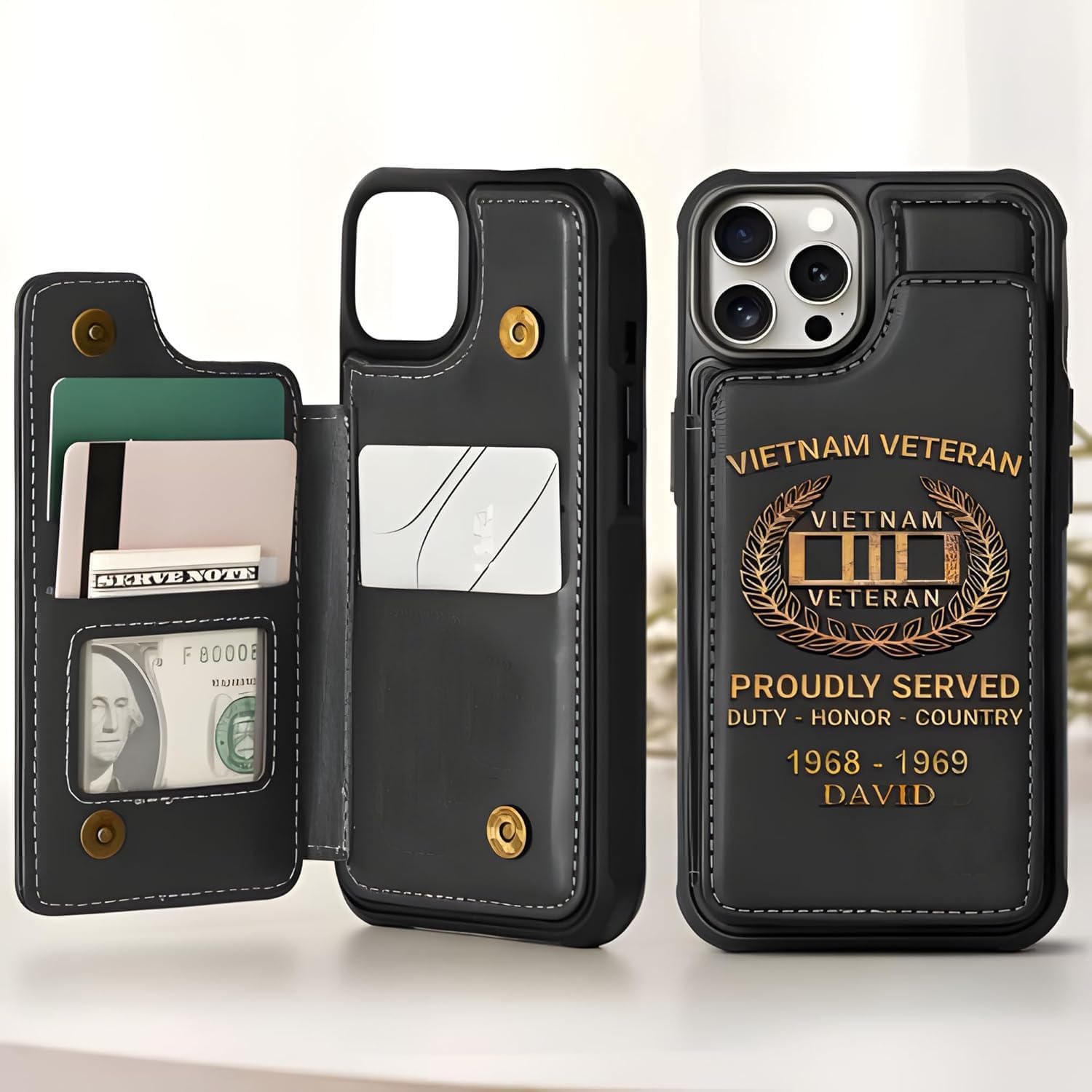 Personalized Vietnam Veteran Leather Flip Wallet Phone Case for iPhone 11 12 13 14 15 16 Pro Max, for Samsung Galaxy Note 20 S10E S20 S21 S22 S24 S25 Plus Ultra Multicolor