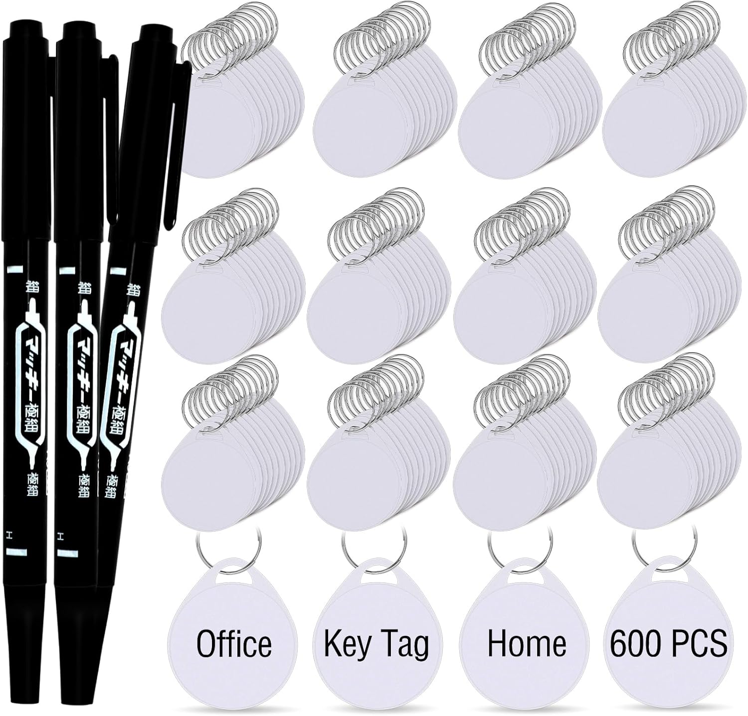 600 Pcs White Key Tags Tough Plastic Key Chain Tags with 3 Black Marker, Metal Split Ring Sturdy Round White Item Identifiers for Home,Office and Rental Management Use