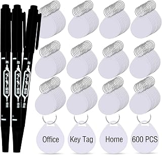 600 Pcs White Key Tags Tough Plastic Key Chain Tags with 3 Black Marker, Metal Split Ring Sturdy Round White Item Identifiers for Home,Office and Rental Management Use