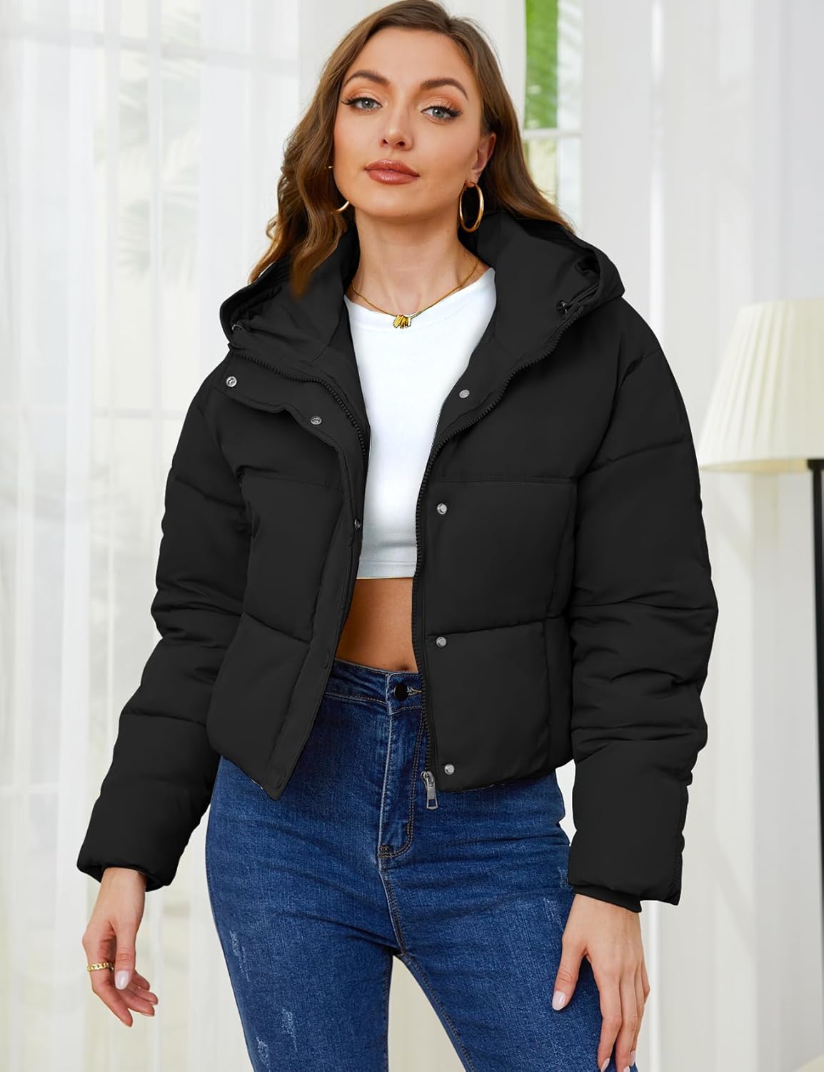 Yimoon Womens Winter Cropped Puffer Jacket Hooded Zip Up Short Warm Quilted Puffer Coat Outerwear(Black-L) - Image 2