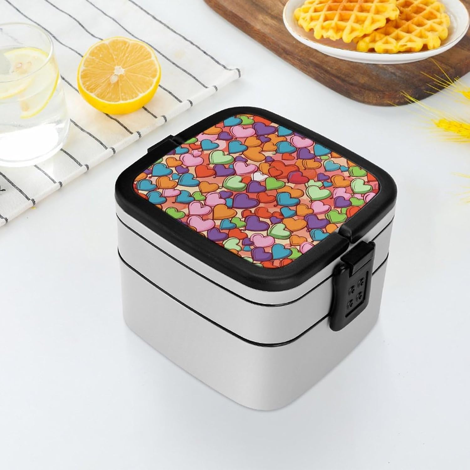 Adults Lunch Box Adult Bento Box Stackable Bento Box BPA-Free Colorful Heart Pattern Lunch Box Food Container Ideal for Meal Prep, Work, And On The Go