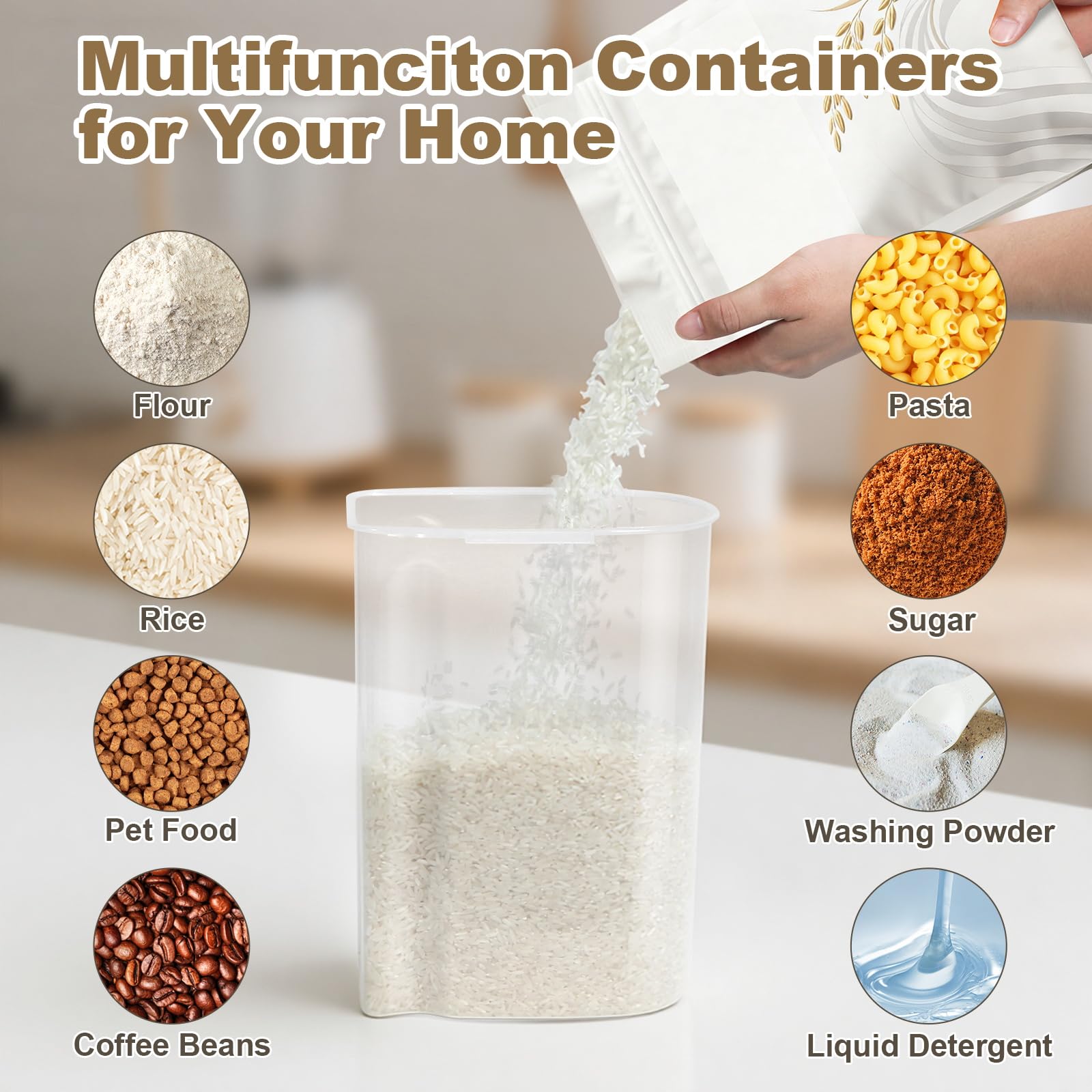 TBMax Contenitore per riso da 2 l/5 l, piccolo contenitore per alimenti per fagioli, farina, detersivo in polvere, contenitore portatile per cereali con coperchio (2 l, grigio chiaro)