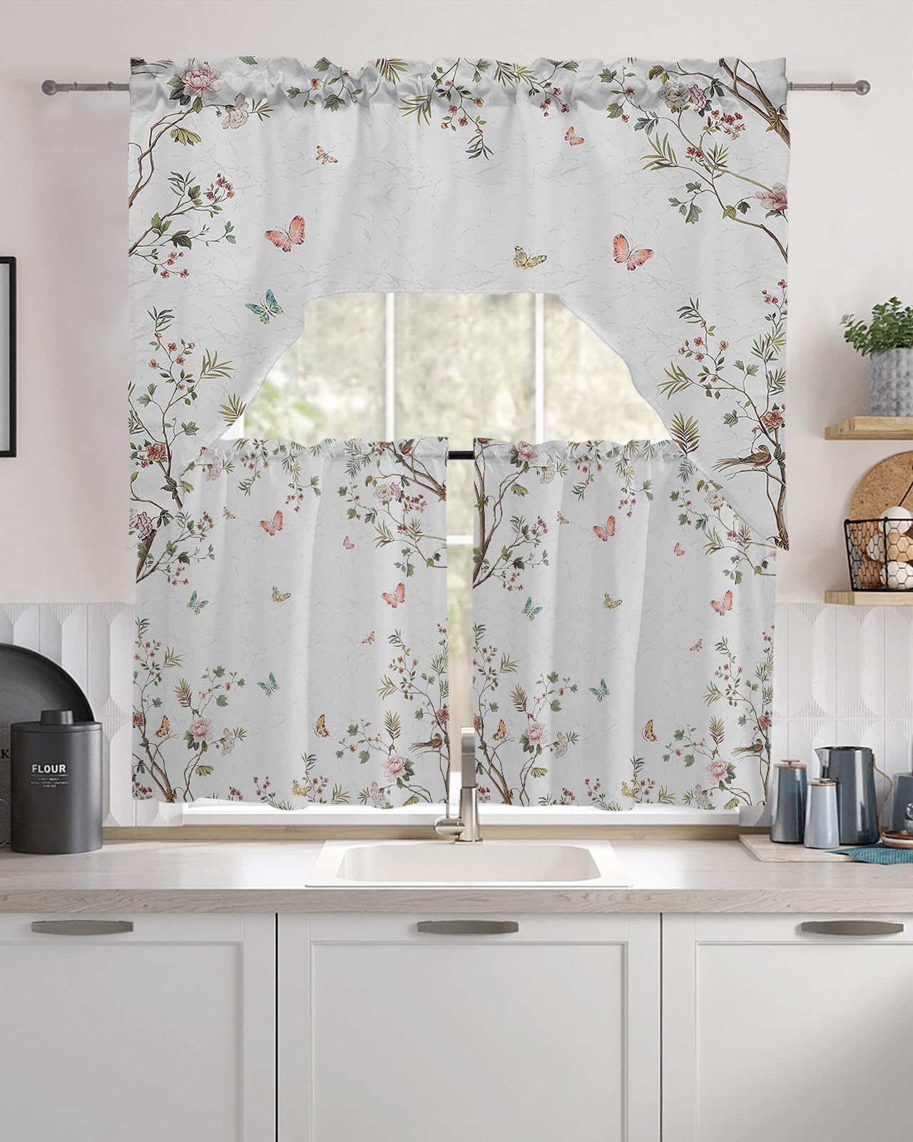 Jolunifun Flower Tree Swag Kitchen Curtain Sets with Valance,3 Pieces Rod Pocket Curtain Drapes for Bedroom Bathroom Cafe Windows,Vintage Plant Leaves Elegant Butter-Fly 56''x36''&24''x27.5''x2Panels