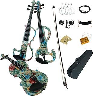 Aliyes Wood Electric Violin Full Size 4/4 Intermediate-A Electric Silent Green leaves&flowers Violin Kit With Case,Bow,Rosin,headphones,Shoulder Rest,Strings(ALDSZA-1102)