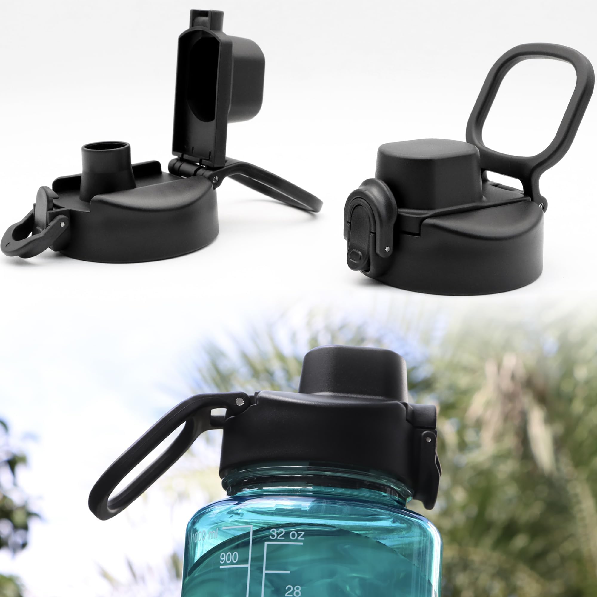 LUTQ 2 Pack Auto Flip Lid Replacement for Nalgene 32 oz 53mm Wide Mouth Bottles, 32 oz Wide Mouth Lid for Nalgene Accessories, Replacement Cap with Handle, Black