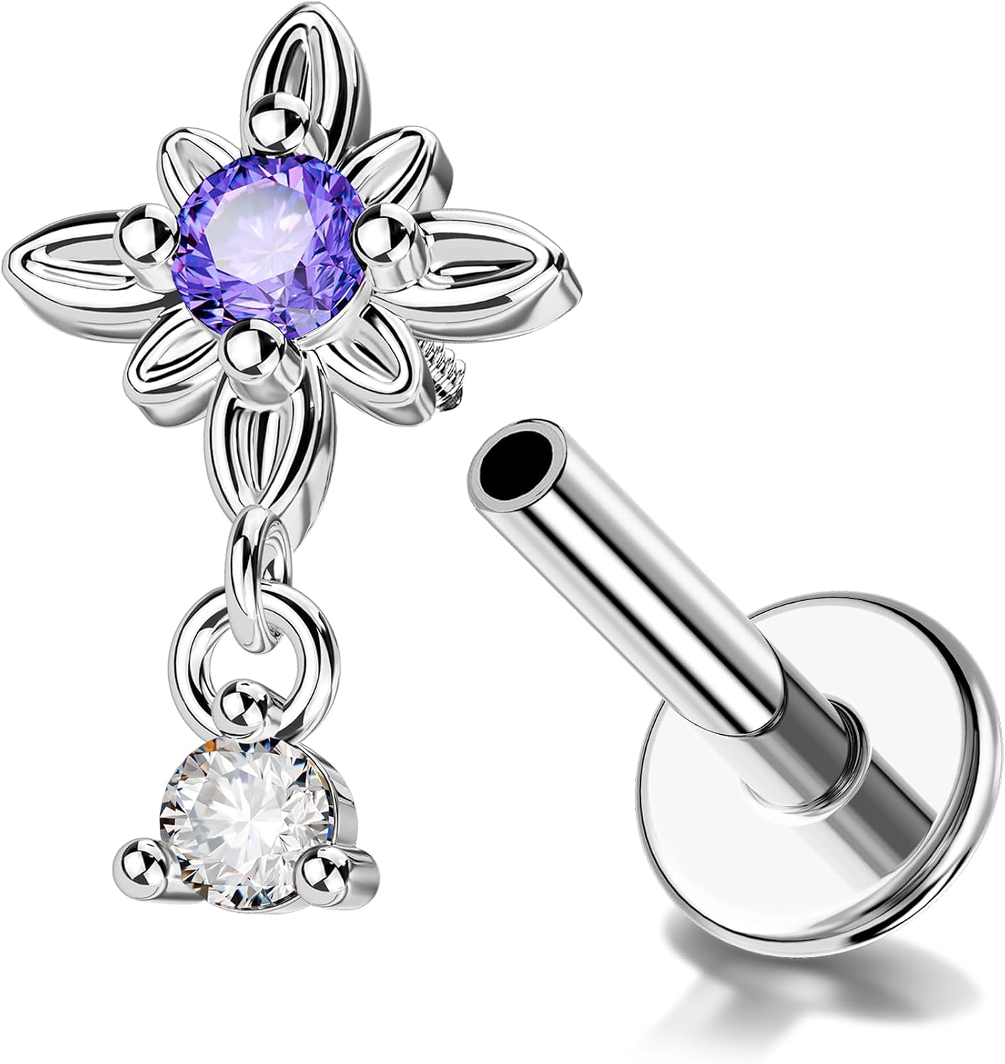 Melighting 16G Star Dangle Tragus Piercing Internal Thread, Gold Flat Back Cartilage Earring Stainless Steel 316L, 6 mm Helix Lobe Jewelry Lip Stud Purple CZ for Women