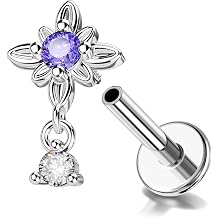 Melighting 16G Star Dangle Tragus Piercing Internal Thread, Gold Flat Back Cartilage Earring Stainless Steel 316L, 6 mm Helix Lobe Jewelry Lip Stud Purple CZ for Women